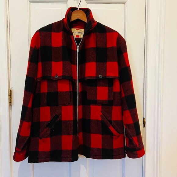 Vintage 40s Men’s Carter’s Red Black Buffalo Plaid Wool Work Wear Jacket Coat M - Picture 8 of 16